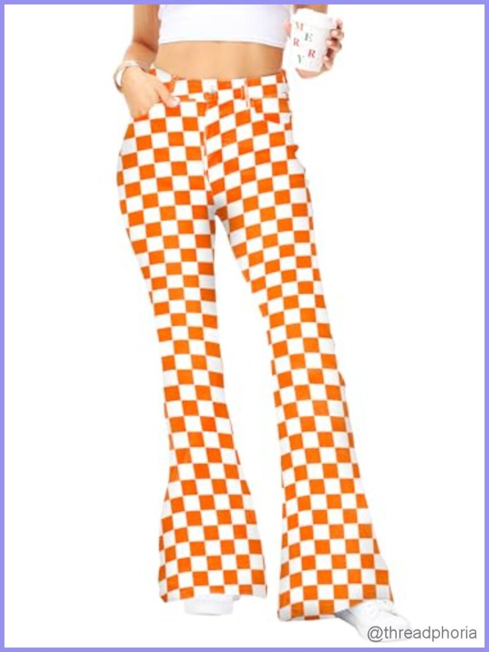 High Waisted Cotton Stretch Checkered Flare Bell Bottom Jeans Denim Pants